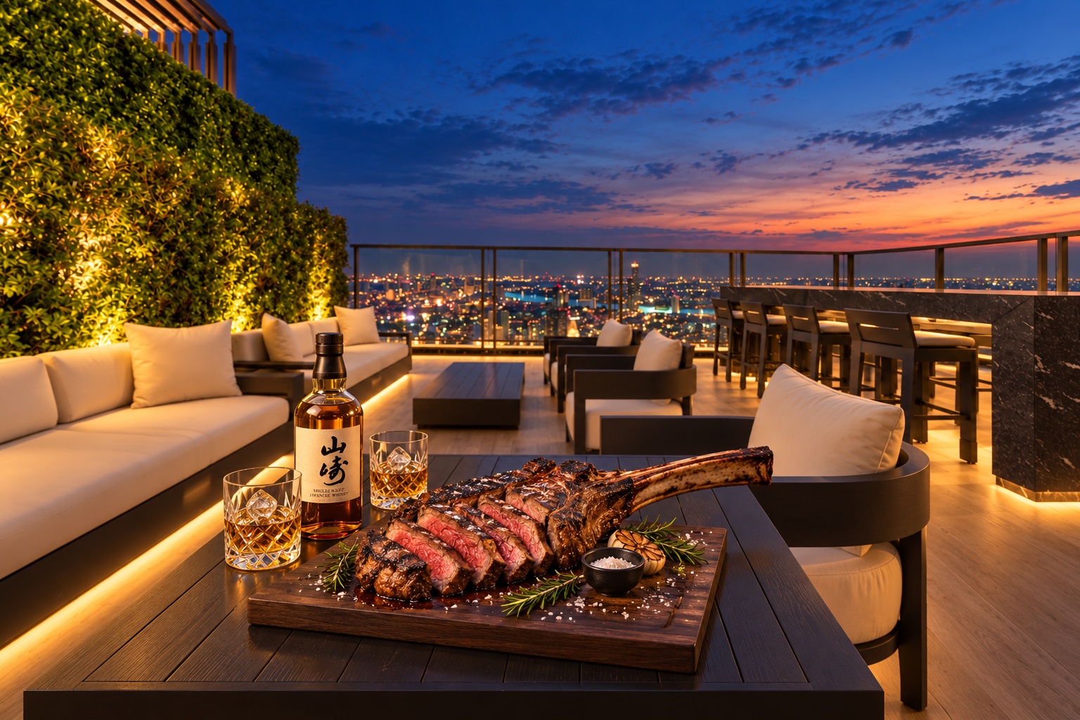 Whisky japonais et grande côte de bœuf sur une terrasse à Bangkok en soirée